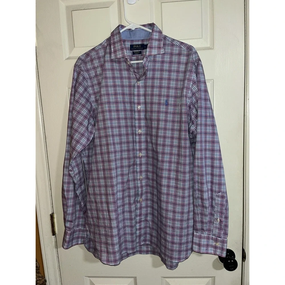 Polo Ralph Lauren Men's Large Pink Purple Plaid Button Up Long Sleeve Color Pony